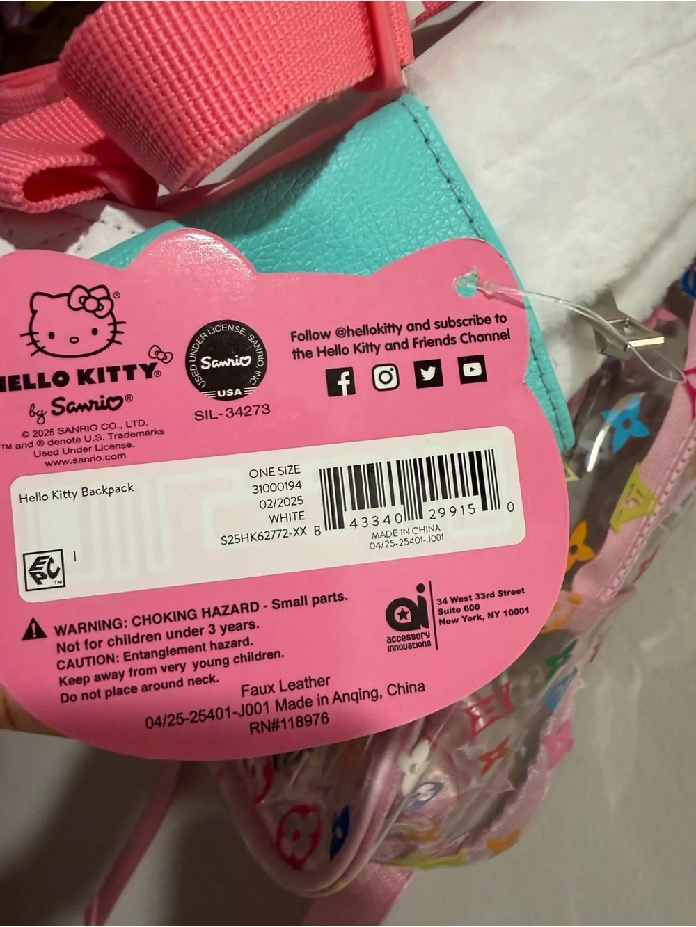 Sanrio Hello Kitty Plush Backpack in White, Pink & Teal